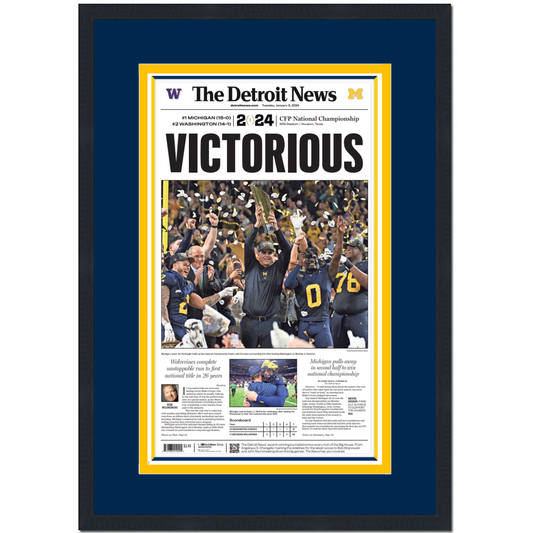 Framed The Detroit News Michigan Wolverines Victorious 2023 NCAA CFP National Champions 14x23 Newspaper Cover Photo Professionally Matted V1