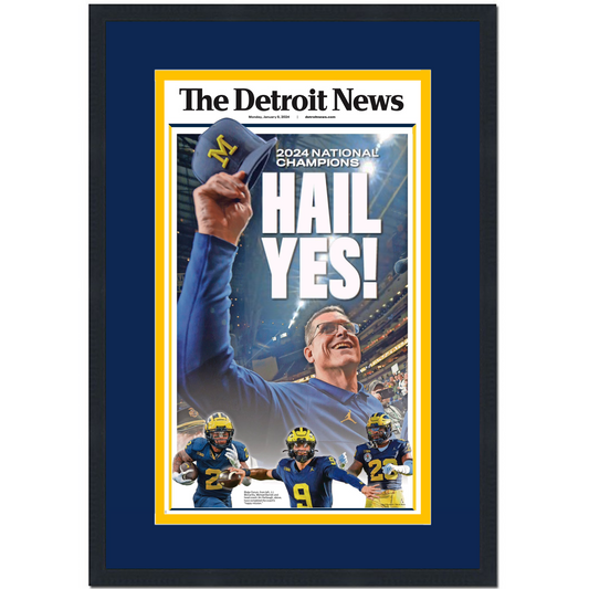 Framed The Detroit News Michigan Wolverines Hail Yes Stadium Edition 2023 NCAA CFP National Champions 14x23 Newspaper Cover Photo Professionally Matted V2