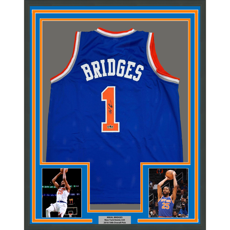 Framed Facsimile Autographed Mikal Bridges 35x39 New York Blue Reprint Laser Auto Basketball Jersey
