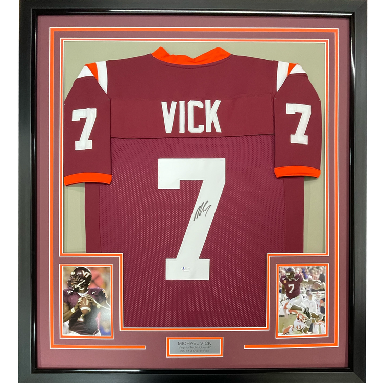 Framed Autographed/Signed Michael Mike Vick 35x39 Virginia Tech Maroon College Football Jersey PSA/DNA COA