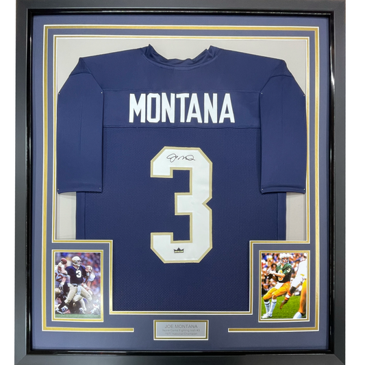 Framed Facsimile Autographed Joe Montana 35x39 Notre Dame Blue Reprint Laser Auto College Football Jersey
