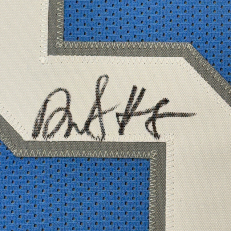 Framed Autographed/Signed David Montgomery 35x39 Detroit Blue Football Jersey Beckett BAS COA