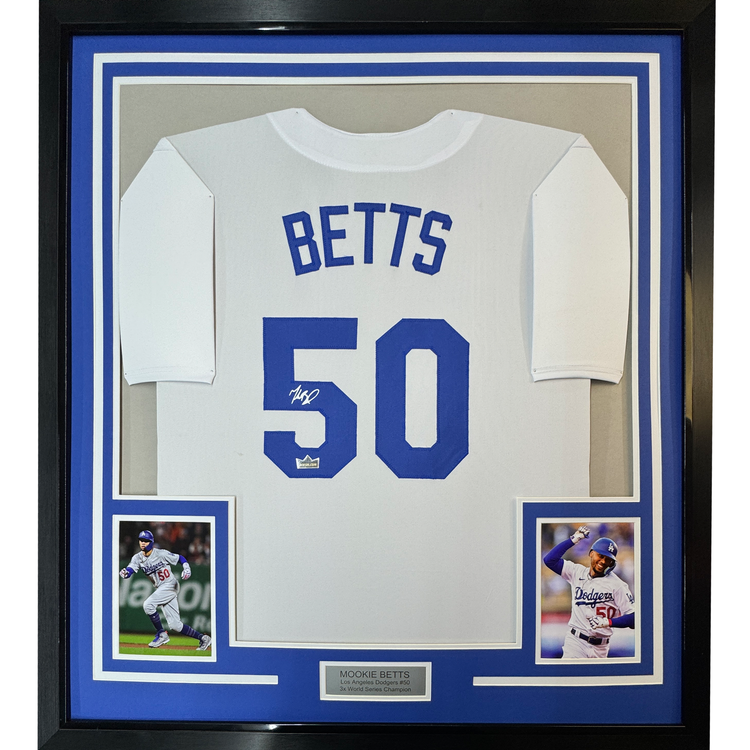 Framed Facsimile Autographed Mookie Betts 35x39 Los Angeles LA White Reprint Laser Auto Baseball Jersey