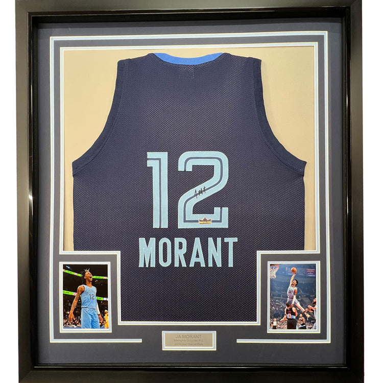 Framed Facsimile Autographed Ja Morant 35x39 Memphis Dark Blue Reprint Laser Auto Basketball Jersey