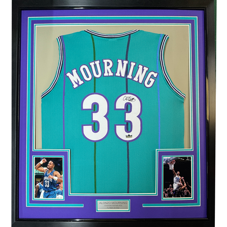 Framed Facsimile Autographed Alonzo Mourning 35x39 Charlotte Teal Reprint Laser Auto Basketball Jersey