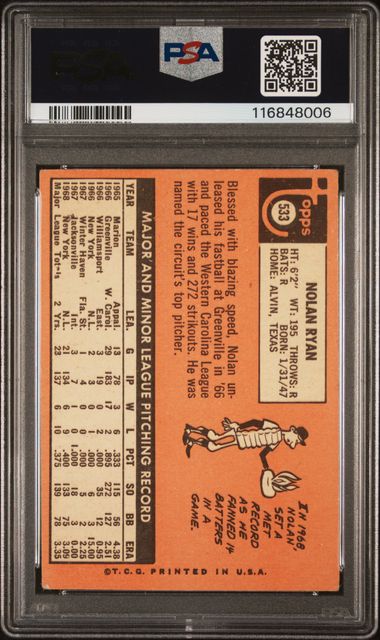 Graded 1969 Topps Nolan Ryan #533 2nd Year Baseball Card PSA 2 Good