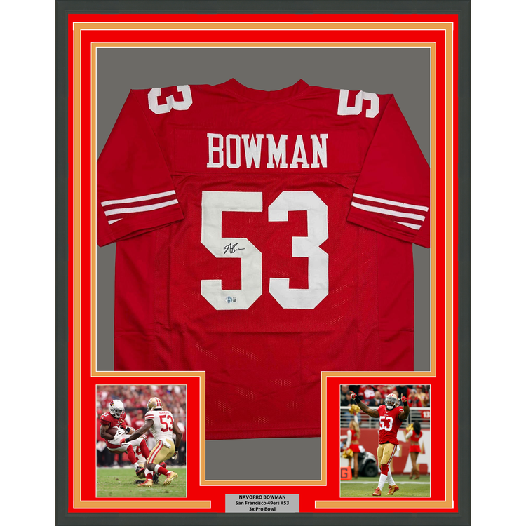 Framed Autographed/Signed NaVorro Bowman 35x39 San Francisco Red Football Jersey Beckett BAS COA
