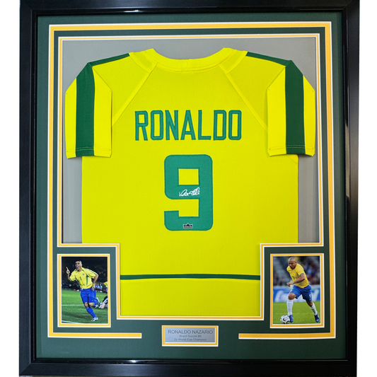 Framed Facsimile Autographed Ronaldo Nazario 35x39 Brazil Yellow World Cup Reprint Laser Auto Soccer Jersey