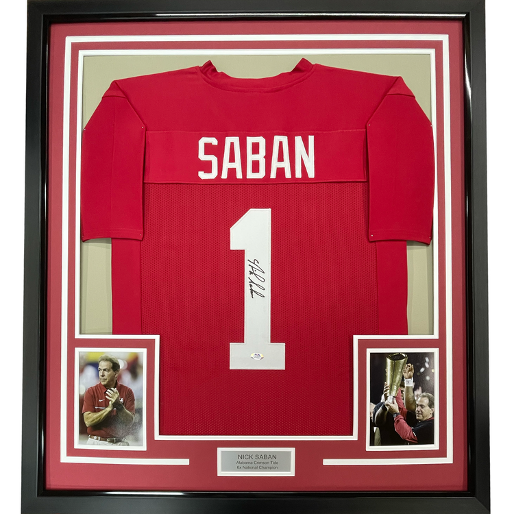 Framed Autographed/Signed Nick Saban 35x39 Alabama Red College Football Jersey PSA/DNA COA