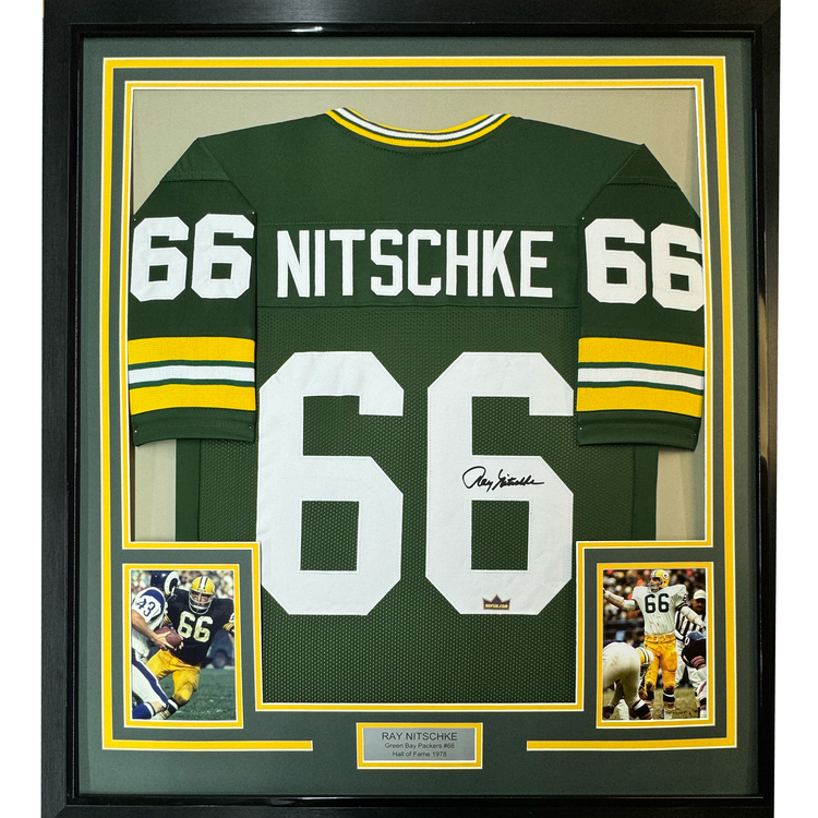 Framed Facsimile Autographed Ray Nitschke 35x39 Green Bay Green Reprint Laser Auto Football Jersey
