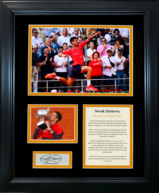 Framed Novak Djokovic Record 23 Major Titles French Open Champion Facsimile Laser Engraved Signature Auto Tennis 11"x14" Photo Sig Collage