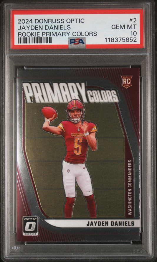 Graded 2024 Panini Donruss Optic Jayden Daniels #2 Primary Colors Rookie RC Football Card PSA 10 Gem Mint
