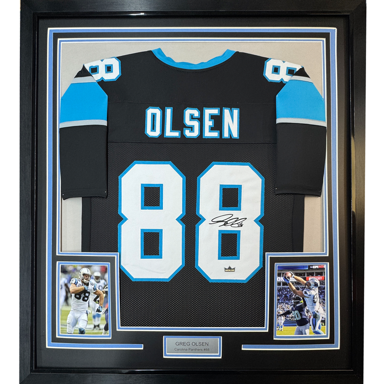 Framed Facsimile Autographed Greg Olsen 35x39 Carolina Black Reprint Laser Auto Football Jersey