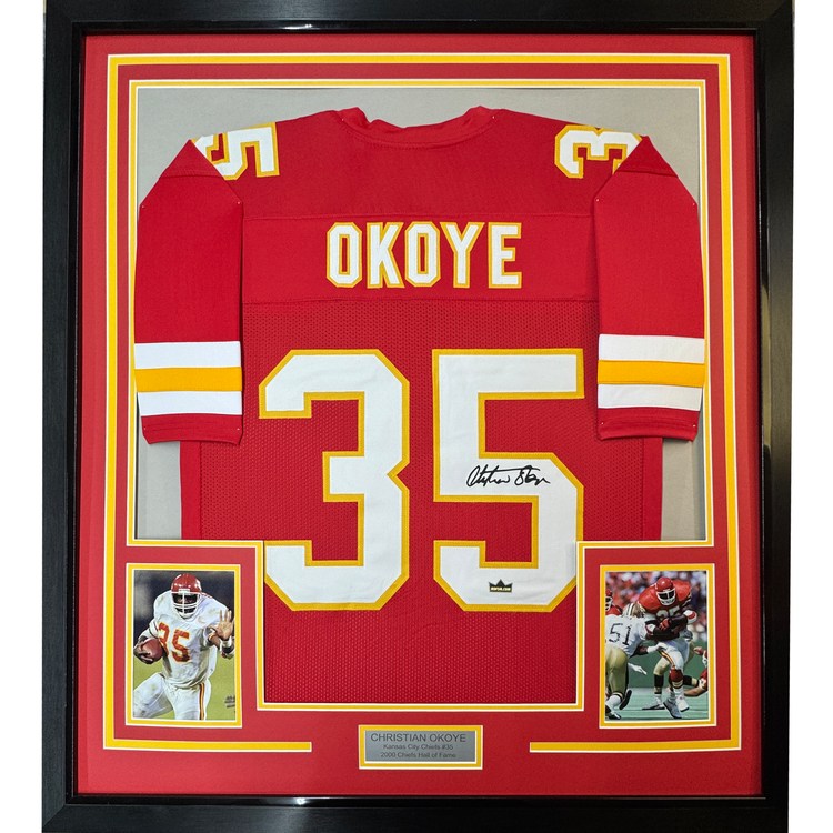 Framed Facsimile Autographed Christian Okoye 35x39 Kansas City Red Reprint Laser Auto Football Jersey