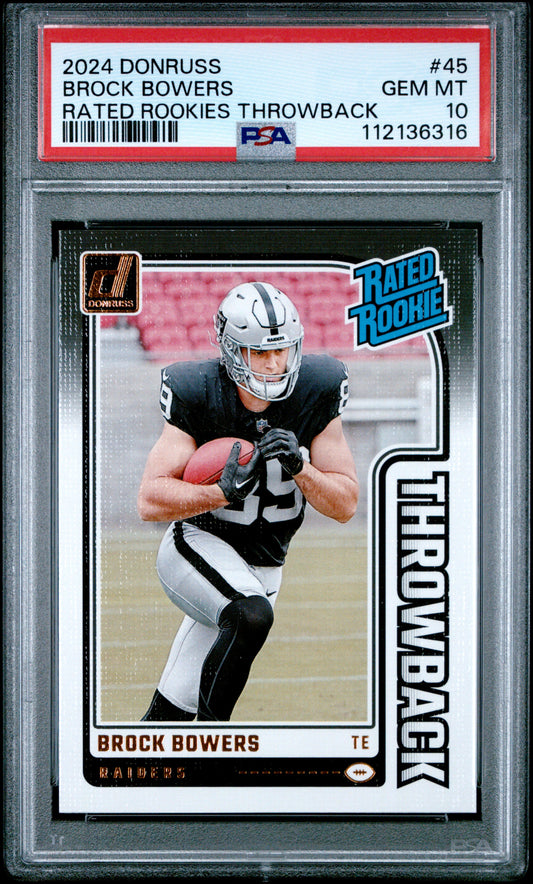 Graded 2024 Panini Donruss Brock Bowers #45 Rated Rookies Throwback Rookie RC Football Card PSA 10 Gem Mint