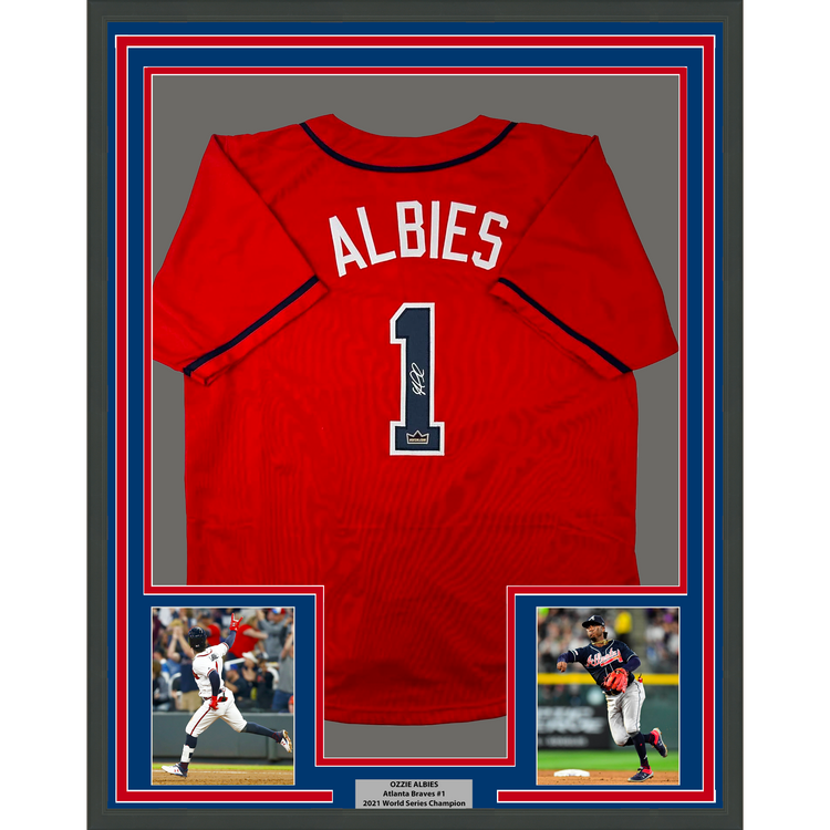 Framed Facsimile Autographed Ozzie Albies 35x39 Atlanta Red Reprint Laser Auto Baseball Jersey