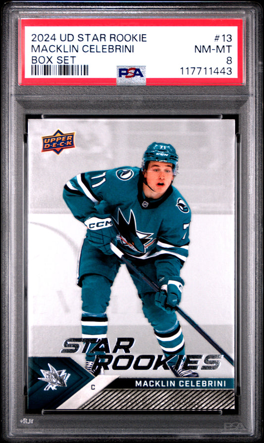 Graded 2024 Upper Deck Star Rookie Macklin Celebrini #13 Box Set Rookie RC Hockey Card PSA 8 Near Mint