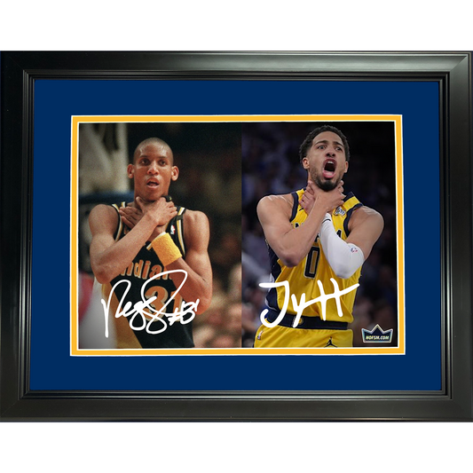 Framed Tyrese Haliburton & Reggie Miller Choke Indiana Pacers Eastern Conference Finals vs Knicks Facsimile Laser Engraved Signature Auto 11"x14" Basketball Photo HOFSM Holo