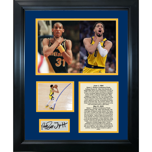 Framed Tyrese Haliburton Reggie Miller Choke Celebration Indiana Pacers Game 1 2025 Eastern Conference Finals Facsimile Laser Engraved Signature Auto Basketball 11"x14" Photo Sig Collage