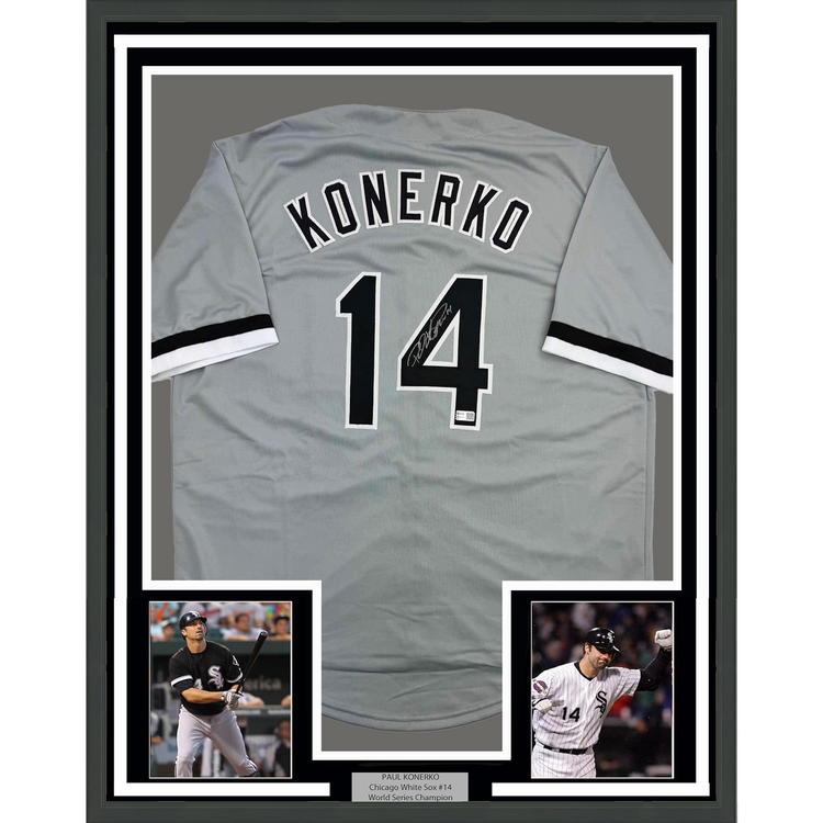 Framed Autographed/Signed Paul Konerko 35x39 Chicago Grey Baseball Jersey TriStar COA