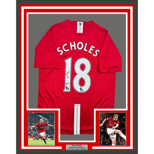Framed Autographed/Signed Paul Scholes 35x39 Manchester United Red Soccer Jersey Beckett BAS COA