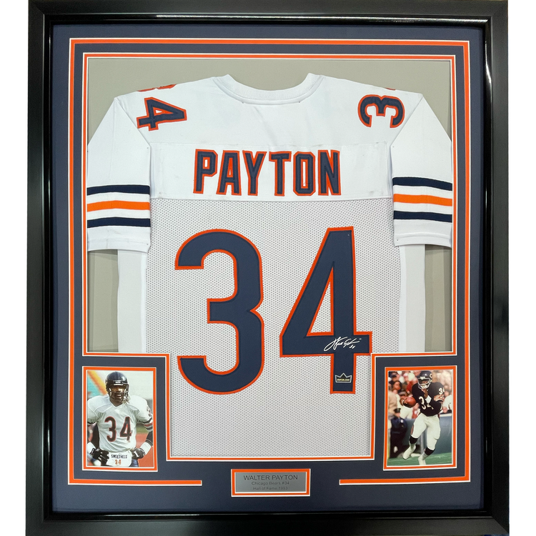 Framed Facsimile Autographed Walter Payton 35x39 Chicago White Reprint Laser Auto Football Jersey Size Men's XL