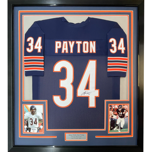 Framed Facsimile Autographed Walter Payton 35x39 Chicago Blue Reprint Laser Auto Football Jersey Size Men's XL