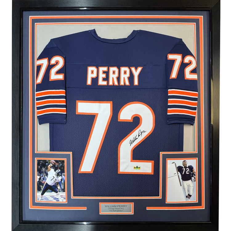 Framed Facsimile Autographed William Perry 35x39 The Refrigerator Chicago Blue Reprint Laser Auto Football Jersey