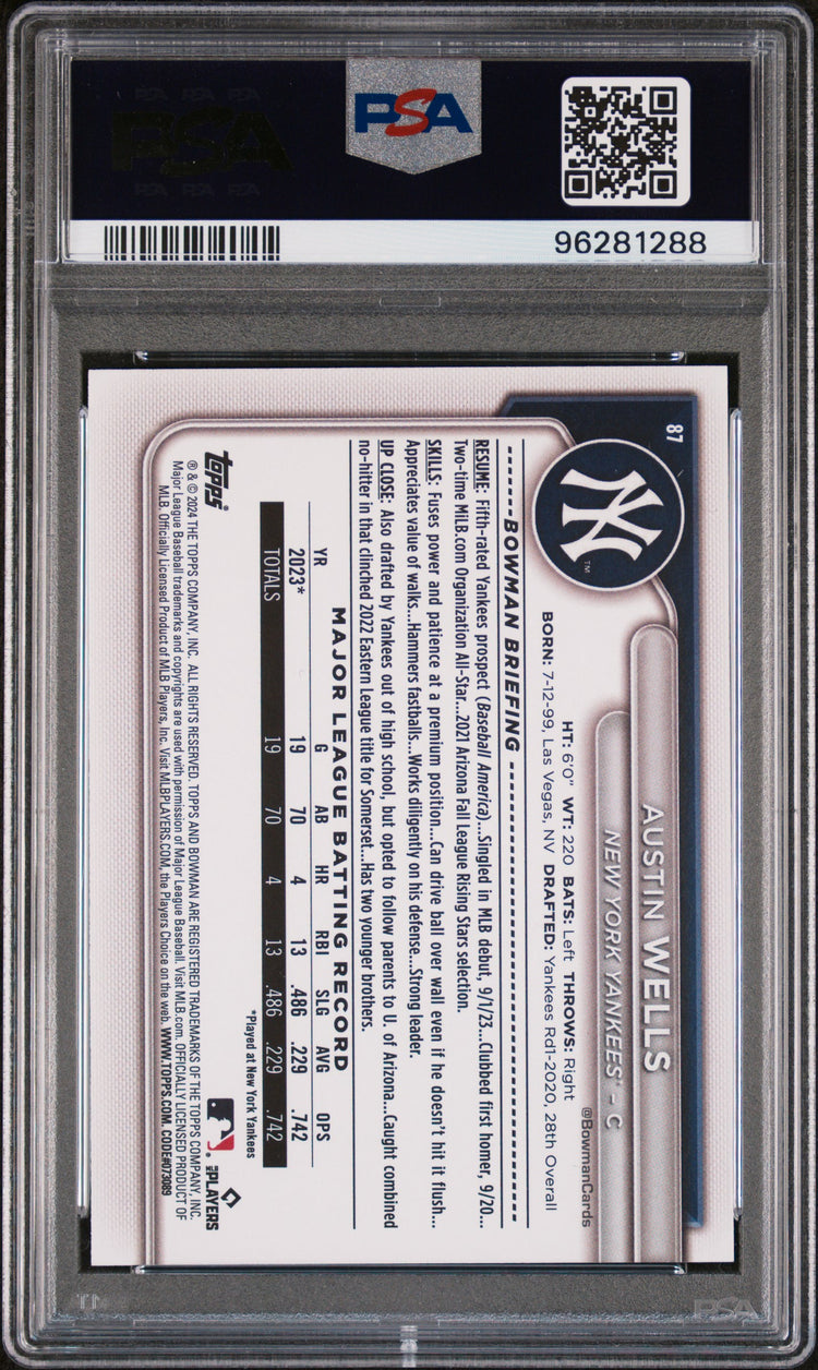 Graded 2024 Topps Bowman Austin Wells #87 Sky Blue /499 Rookie RC Baseball Card PSA 10 Gem Mint