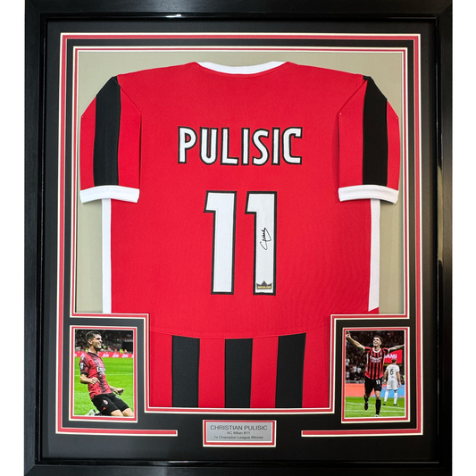 Framed Facsimile Autographed Christian Pulisic 35x39 AC Milan Black/Red Reprint Laser Auto Soccer Jersey