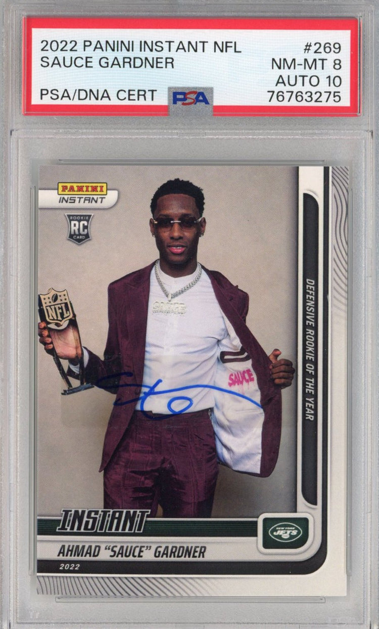Graded 2022 Panini Instant Ahmad Sauce Gardner #269 Rookie RC Football Card PSA 8 Auto 10