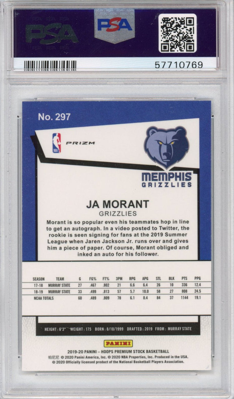 Graded 2019-20 Panini Hoops Premium Stock Ja Morant #297 Pulsar Rookie RC Basketball Card PSA 10 Gem Mint