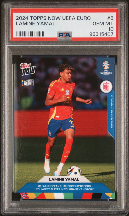 Graded 2024 Topps Now Lamine Yamal #5 UEFA Euro Championship Record: Youngest Player in Tournament History Rookie RC Soccer Card PSA 10 Gem Mint