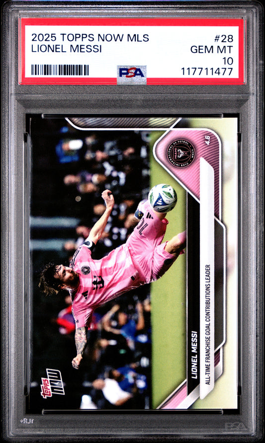 Graded 2025 Topps Now MLS Lionel Messi #28 All Time Franchise Goal Contriubutions Leader Soccer Card PSA 10 Gem Mint