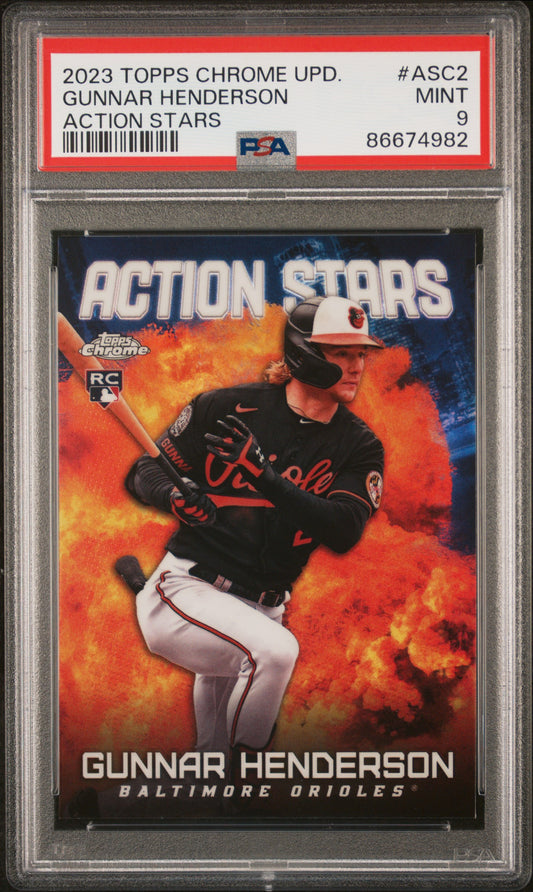 Graded 2023 Topps Chrome Update Gunnar Henderson #ASC2 Action Stars Rookie RC Baseball Card PSA 9 Mint