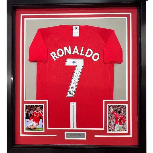 Framed Autographed/Signed Cristiano Ronaldo 35x39 Manchester United Red 2008 Soccer Jersey Beckett BAS COA/LOA