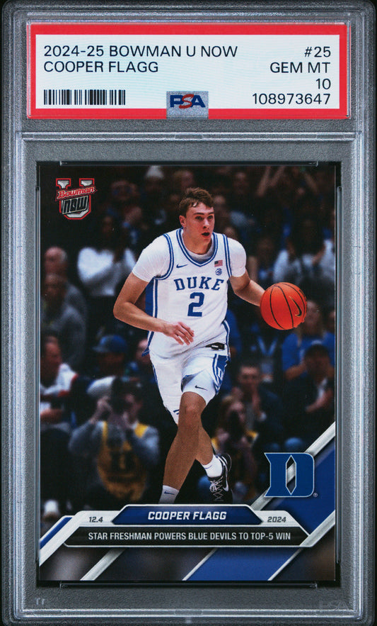 Graded 2024 Topps Bowman U Now Cooper Flagg #25 Star Freshman Powers Blue Devils to Top 5 Win Rookie RC Basketball Card PSA 10 Gem Mint