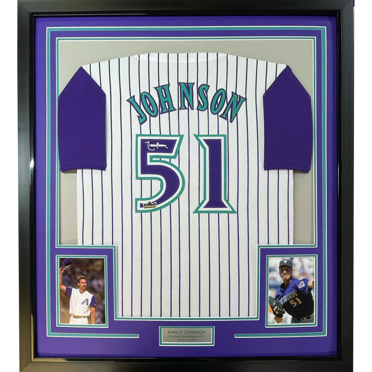Framed Facsimile Autographed Randy Johnson 35x39 Arizona Pinstripe Reprint Laser Auto Baseball Jersey