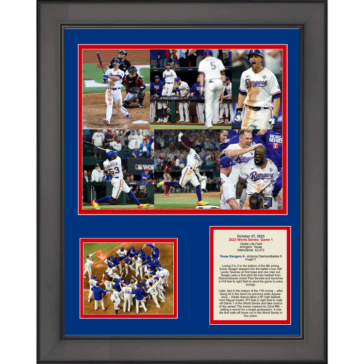 Framed Texas Rangers 2023 World Series Game 1 Corey Seager Adolis Garcia Home Run 11"x14" Three Photo Collage