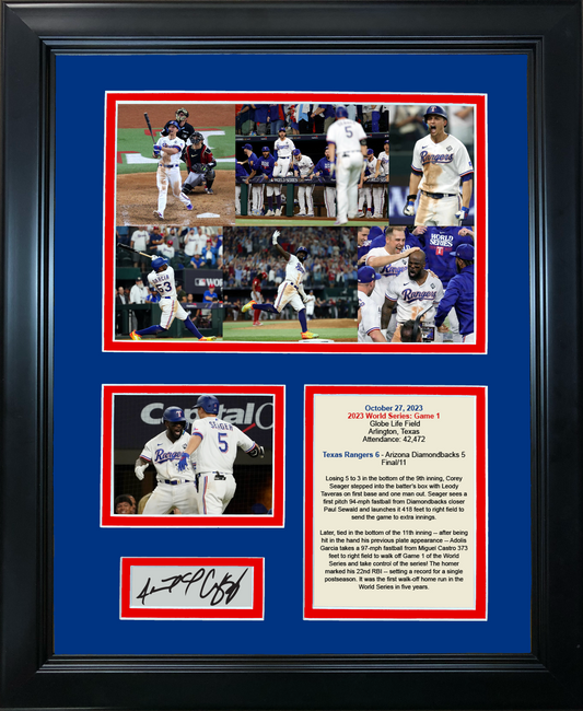 Framed Texas Rangers 2023 World Series Game 1 Corey Seager & Adolis Garcia Home Runs Facsimile Laser Engraved Signature Auto 11"x14" Baseball Photo Sig Collage