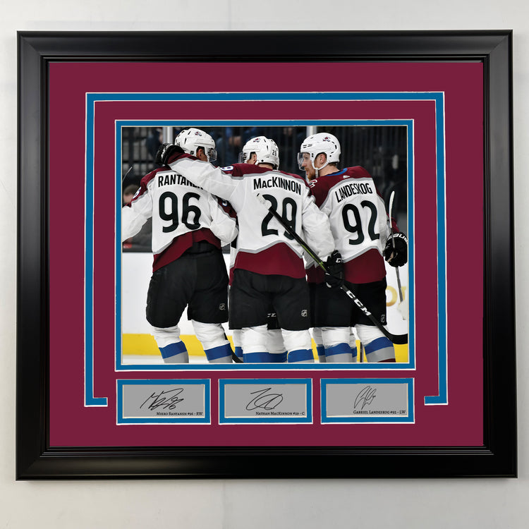 Framed Mikko Rantanen, Nathan MacKinnon and Gabriel Landeskog Facsimile Laser Engraved Signatures Colorado Avalanche 19x21 Football Photo