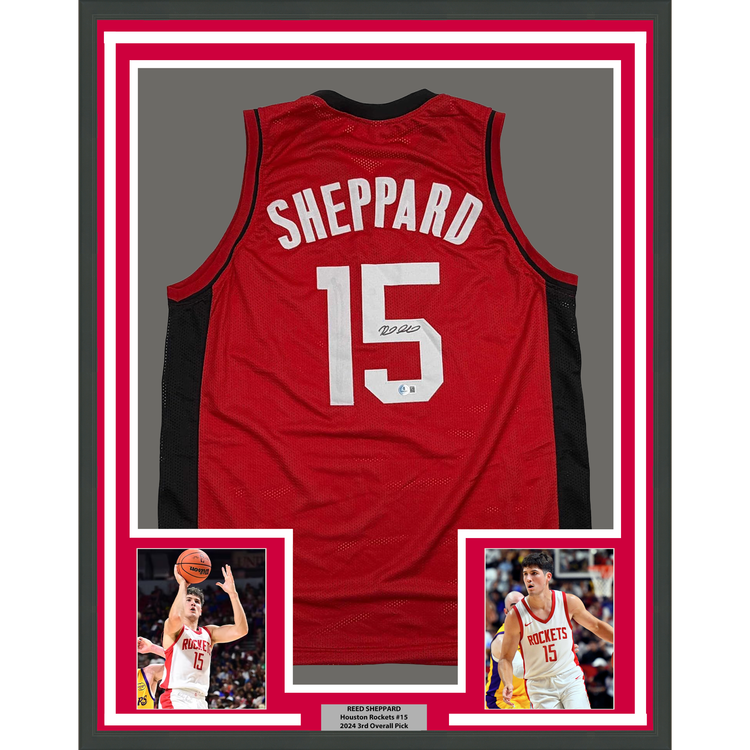 Framed Autographed/Signed Reed Sheppard 35x39 Houston Red Basketball Jersey Beckett BAS COA