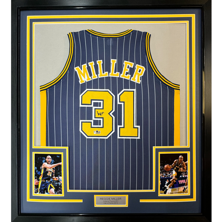 Framed Facsimile Autographed Reggie Miller 35x39 Indiana Blue Pinstripe Reprint Laser Auto Basketball Jersey