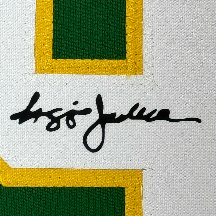 Framed Facsimile Autographed Reggie Jackson 35x39 Oakland Green Reprint Laser Auto Baseball Jersey