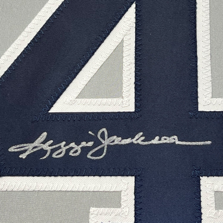 Framed Autographed/Signed Reggie Jackson 35x39 New York Grey Baseball Jersey JSA COA