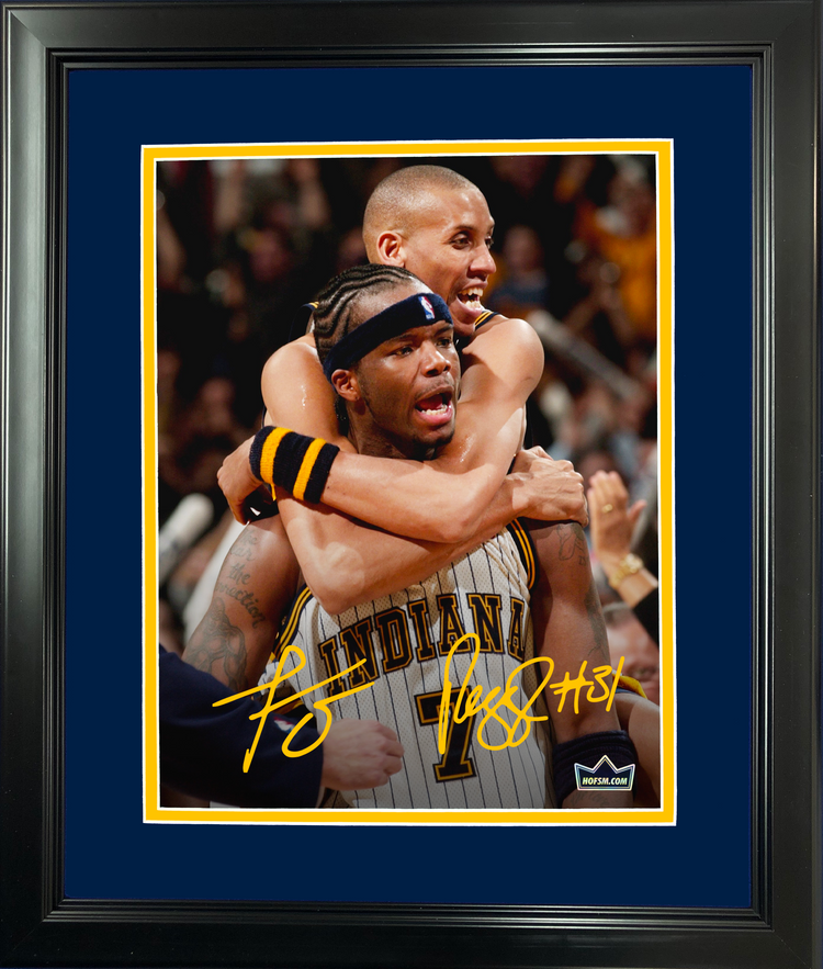 Framed Reggie Miller & Jermaine O'Neal Dual Facsimile Laser Engraved Signature Auto 11"x14"Basketball Photo HOFSM Holo