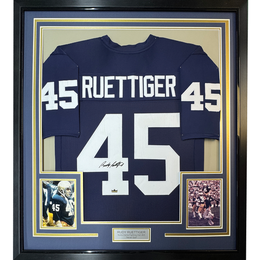 Framed Facsimile Autographed Rudy Ruettiger 35x39 Notre Dame Blue Reprint Laser Auto College Football Jersey