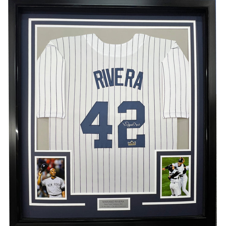 Framed Facsimile Autographed Mariano Rivera 35x39 New York Pinstripe Reprint Laser Auto Baseball Jersey