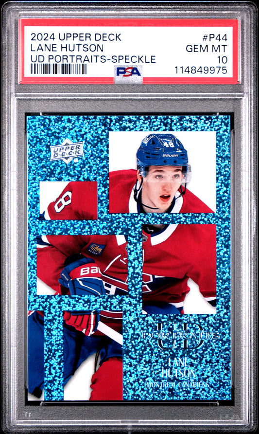 Graded 2024 Upper Deck Lane Hutson #P44 UD Portraits Speckle Rookie RC Hockey Card PSA 10 Gem Mint