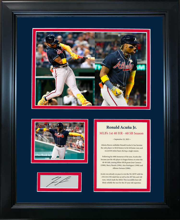 Framed Ronald Acuna Jr. MLB's First 40-60 Season Facsimile Laser Engraved Signature Auto Atlanta Braves Baseball 11"x14"Photo Sig Collage